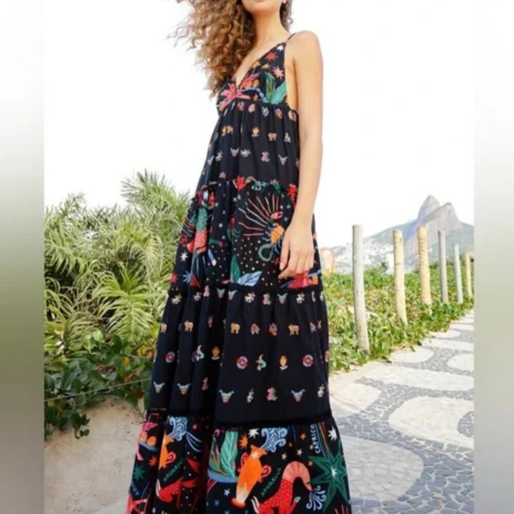 FARM RIO Rio Zodiac Embroidered Maxi Dress Black S NWT $295 - Picture 7 of 12